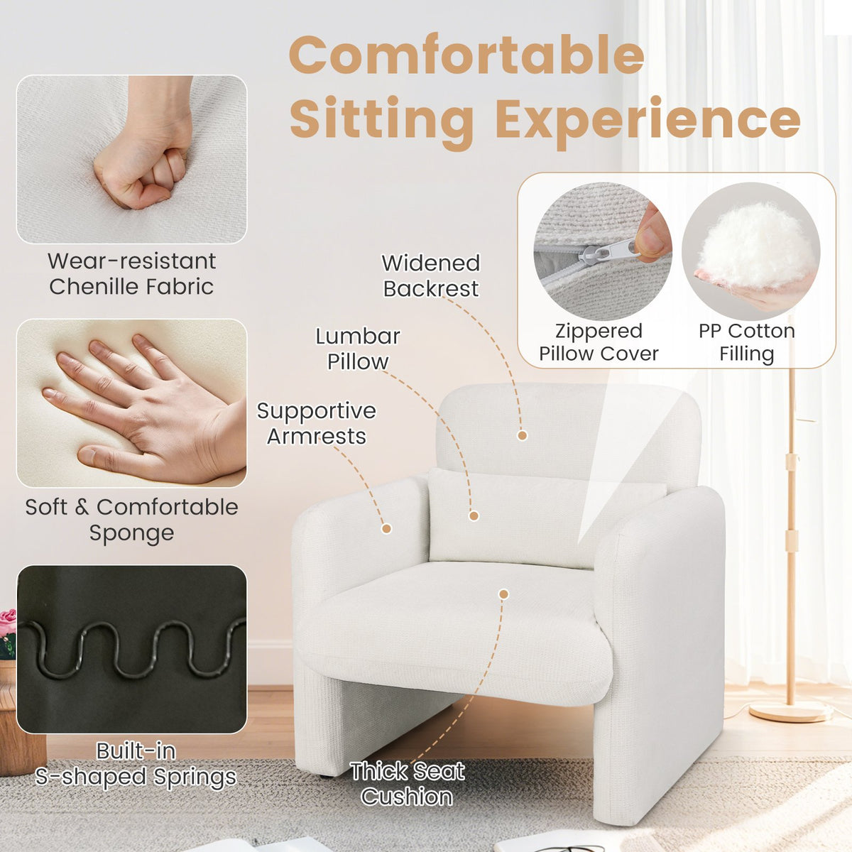 Modern Upholstered Chenille Accent Chair with Removable Lumbar Pillow-White view 7