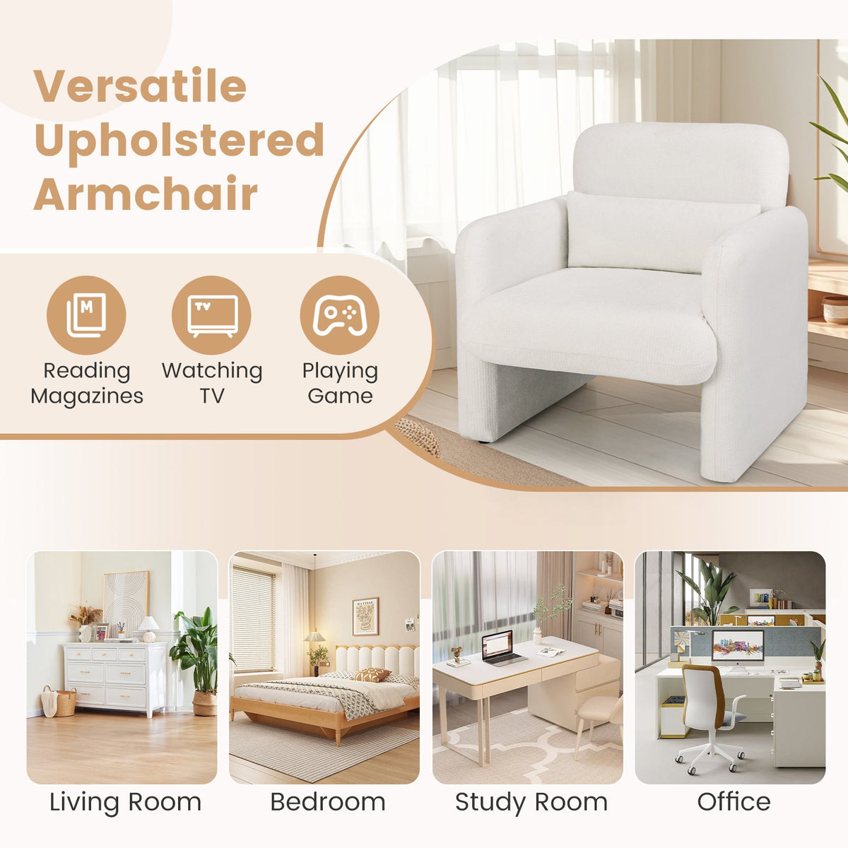 Modern Upholstered Chenille Accent Chair with Removable Lumbar Pillow-White view 9