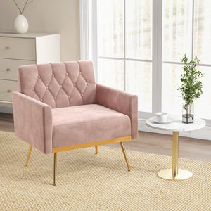 Modern Velvet Accent Chair with Button Tufted Back Golden Metal Legs and Adjustable Foot Pads-Pink view 2