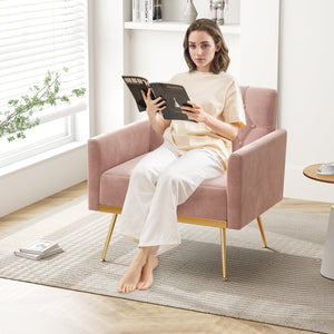 Modern Velvet Accent Chair with Button Tufted Back Golden Metal Legs and Adjustable Foot Pads-Pink view 3
