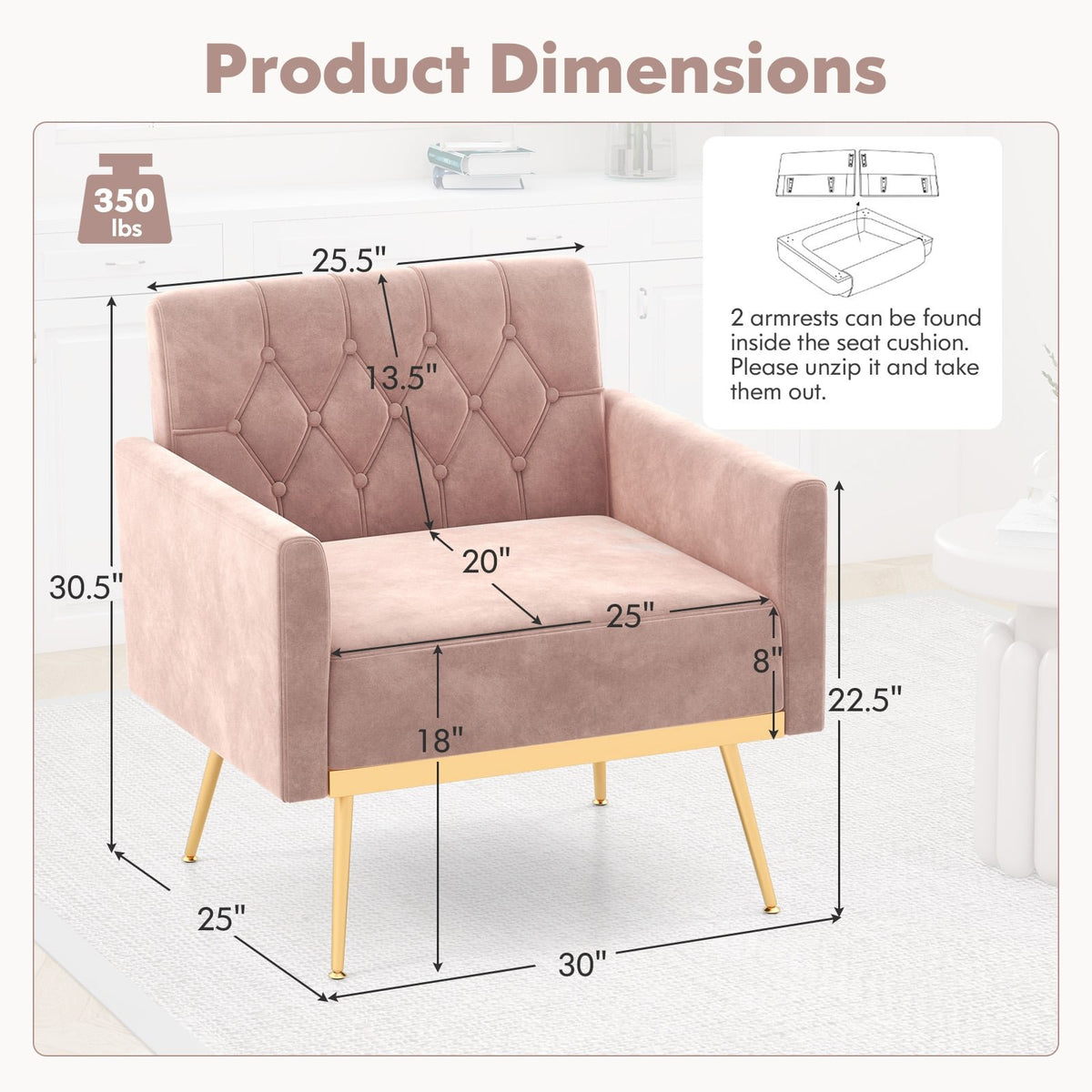 Modern Velvet Accent Chair with Button Tufted Back Golden Metal Legs and Adjustable Foot Pads-Pink view 4
