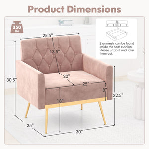 Modern Velvet Accent Chair with Button Tufted Back Golden Metal Legs and Adjustable Foot Pads-Pink view 4