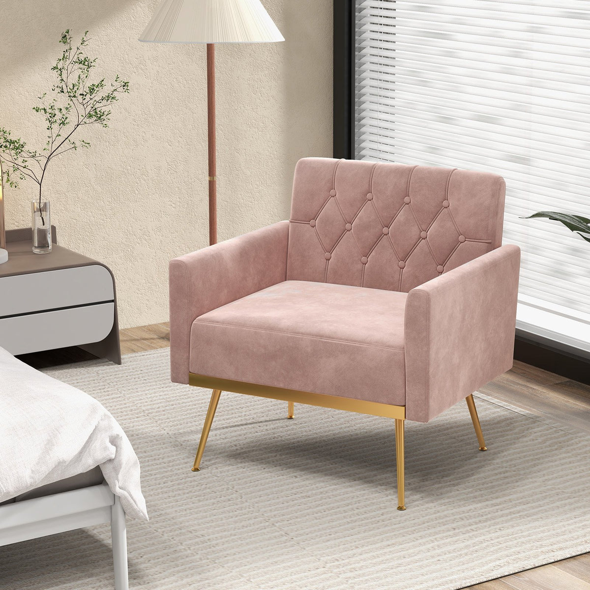 Modern Velvet Accent Chair with Button Tufted Back Golden Metal Legs and Adjustable Foot Pads-Pink view 5