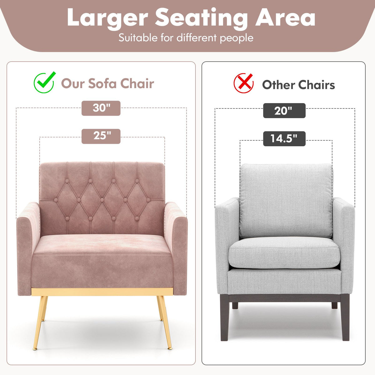 Modern Velvet Accent Chair with Button Tufted Back Golden Metal Legs and Adjustable Foot Pads-Pink view 6