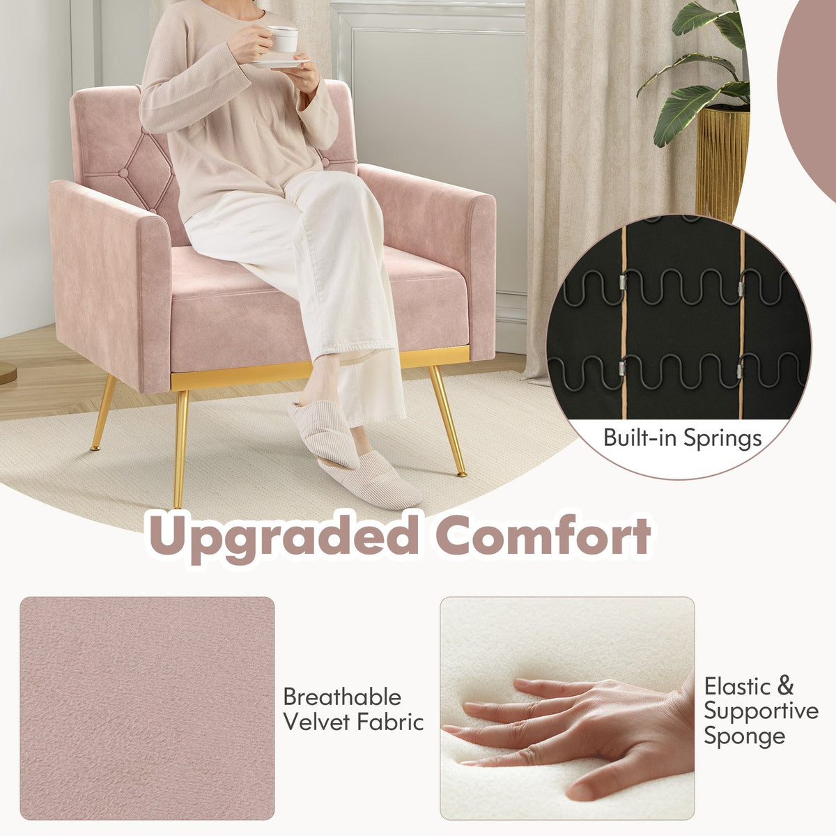 Modern Velvet Accent Chair with Button Tufted Back Golden Metal Legs and Adjustable Foot Pads-Pink view 7