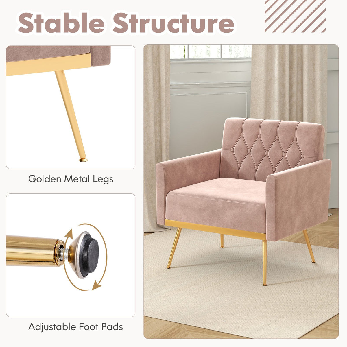 Modern Velvet Accent Chair with Button Tufted Back Golden Metal Legs and Adjustable Foot Pads-Pink view 8
