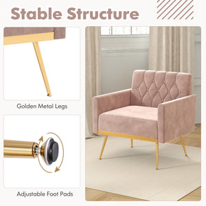 Modern Velvet Accent Chair with Button Tufted Back Golden Metal Legs and Adjustable Foot Pads-Pink view 8