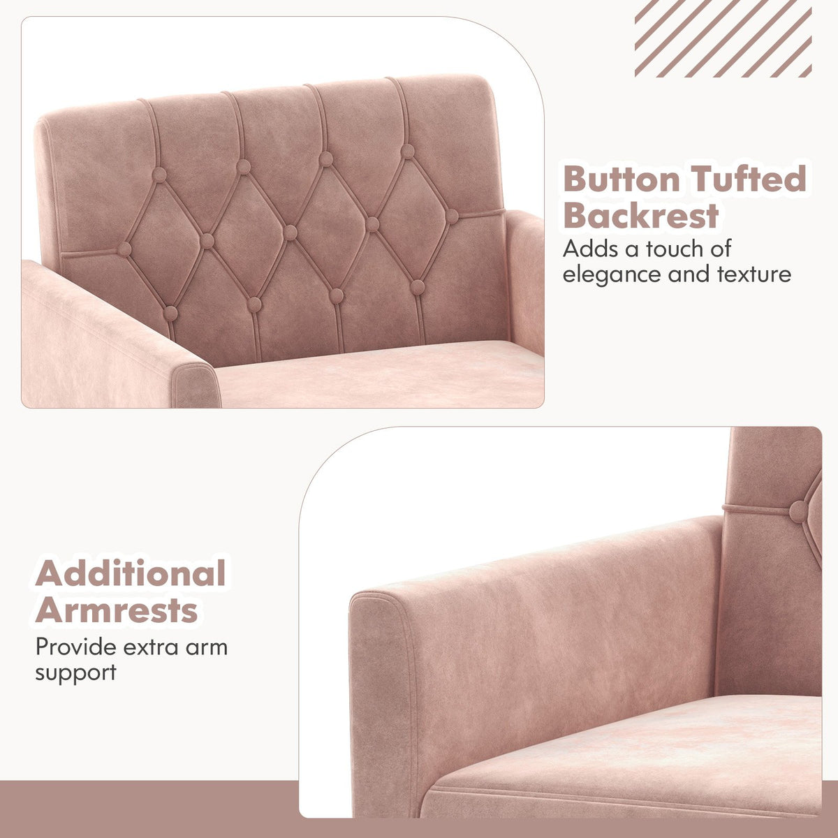 Modern Velvet Accent Chair with Button Tufted Back Golden Metal Legs and Adjustable Foot Pads-Pink view 9