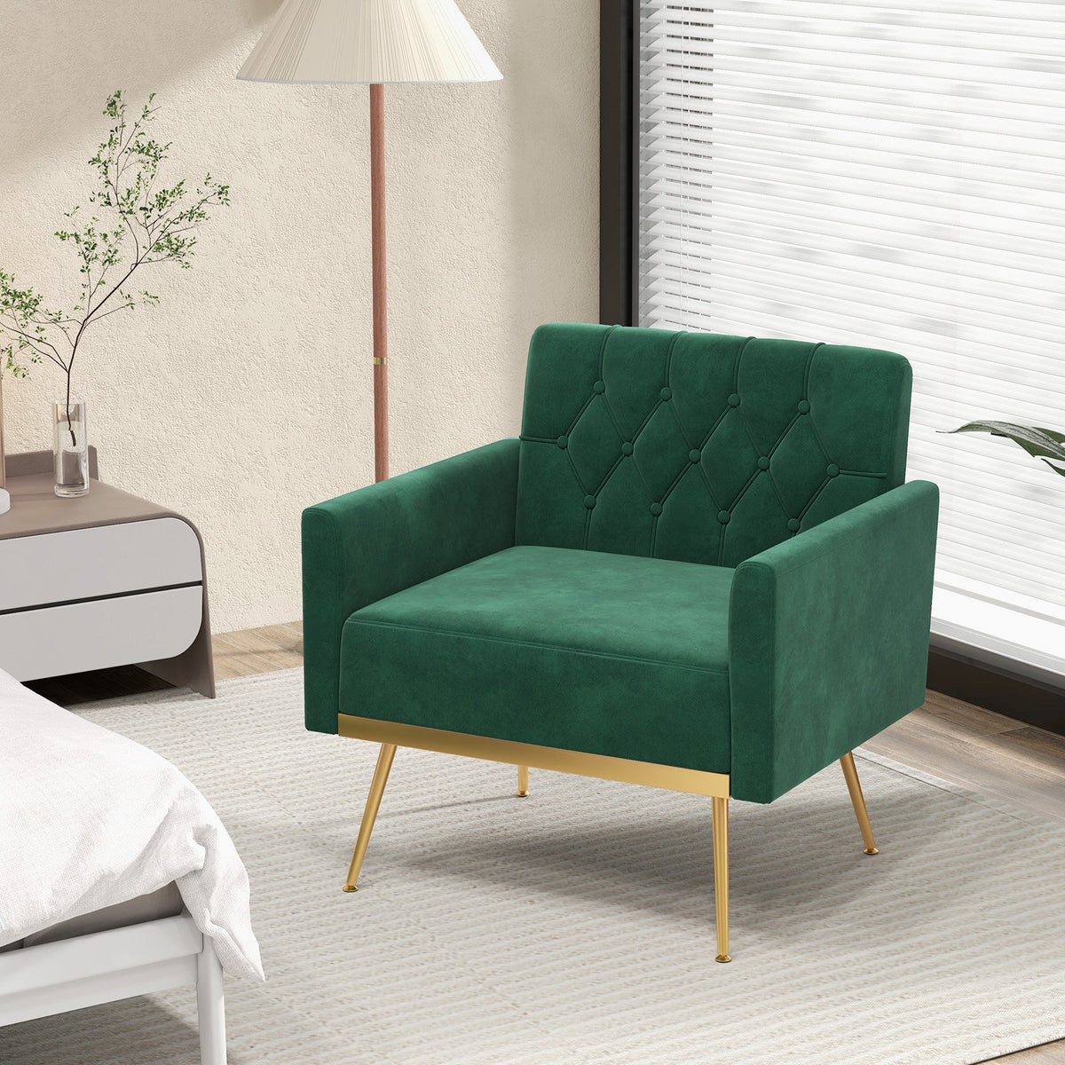 Modern Velvet Accent Chair with Button Tufted Back Golden Metal Legs and Adjustable Foot Pads-Turquoise view 2
