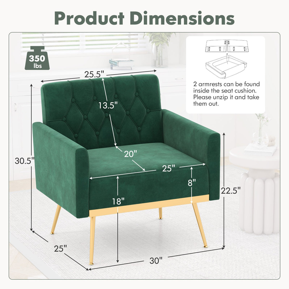 Modern Velvet Accent Chair with Button Tufted Back Golden Metal Legs and Adjustable Foot Pads-Turquoise view 4