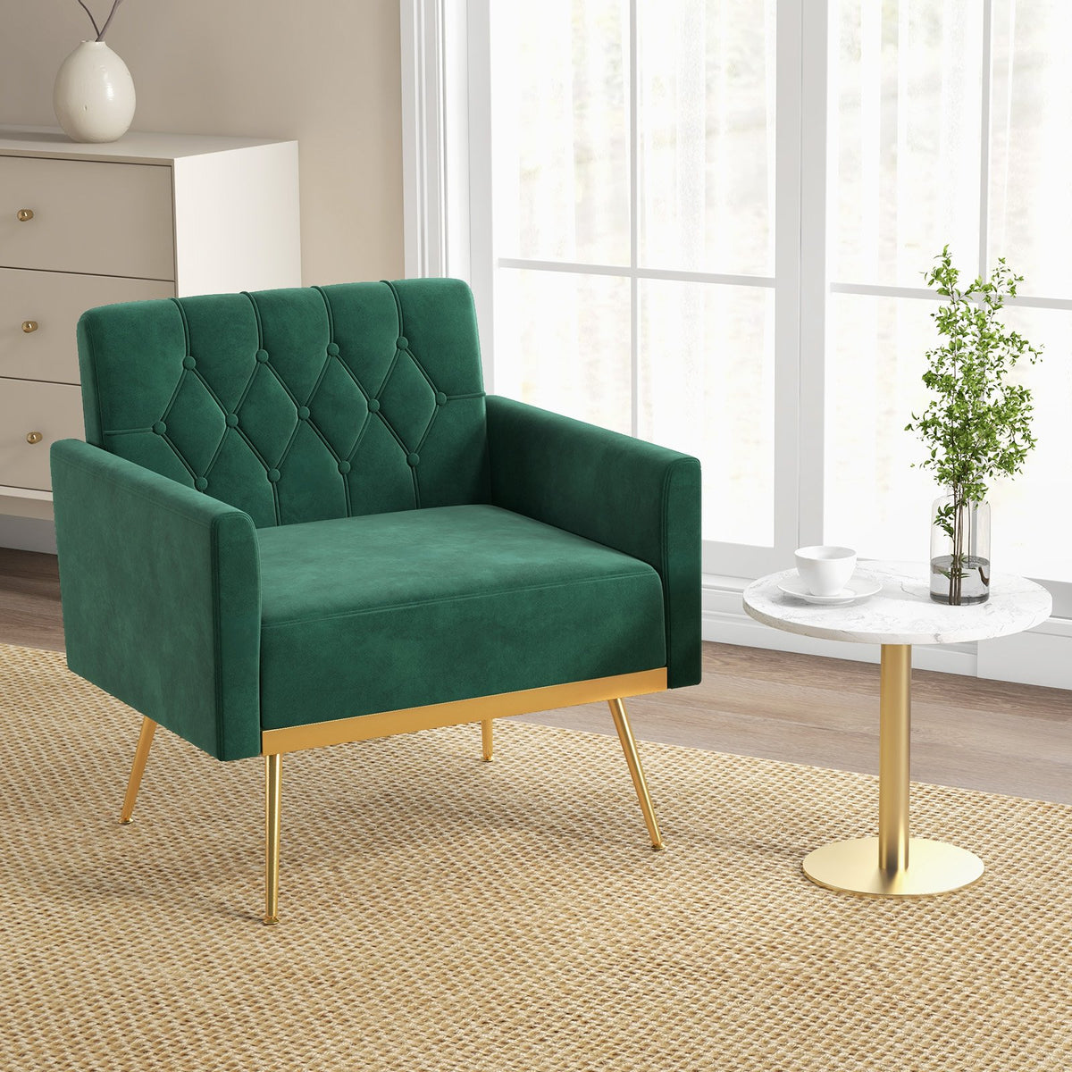 Modern Velvet Accent Chair with Button Tufted Back Golden Metal Legs and Adjustable Foot Pads-Turquoise view 5