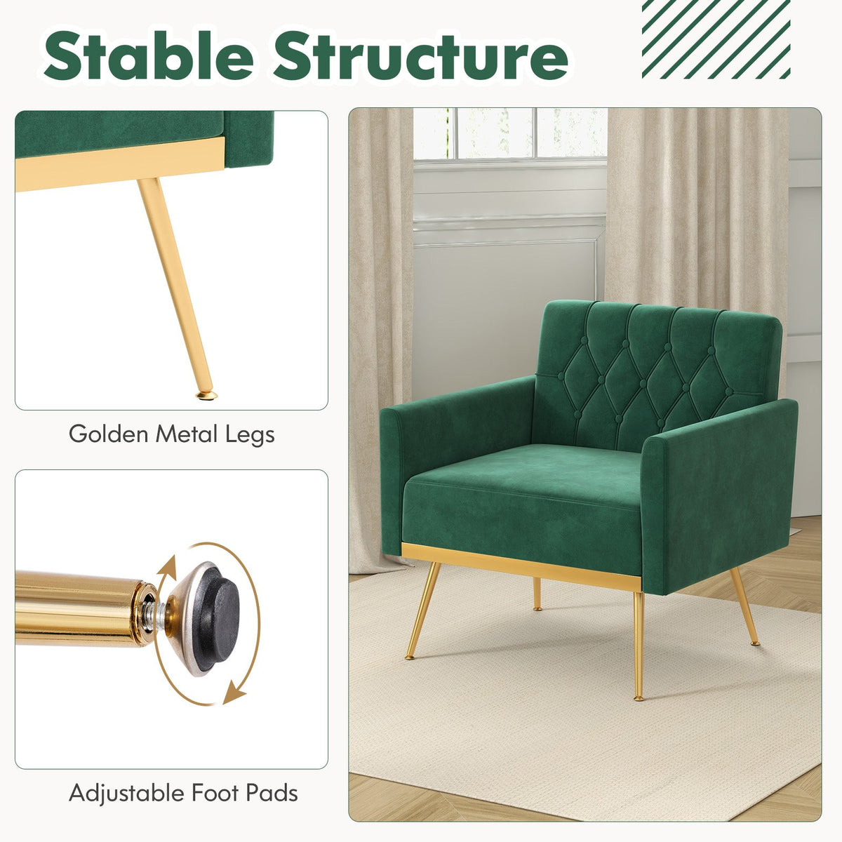 Modern Velvet Accent Chair with Button Tufted Back Golden Metal Legs and Adjustable Foot Pads-Turquoise view 9
