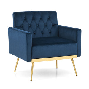 Modern Velvet Upholstered Accent Chair with Button-Tufted Back and Adjustable Feet-Blue