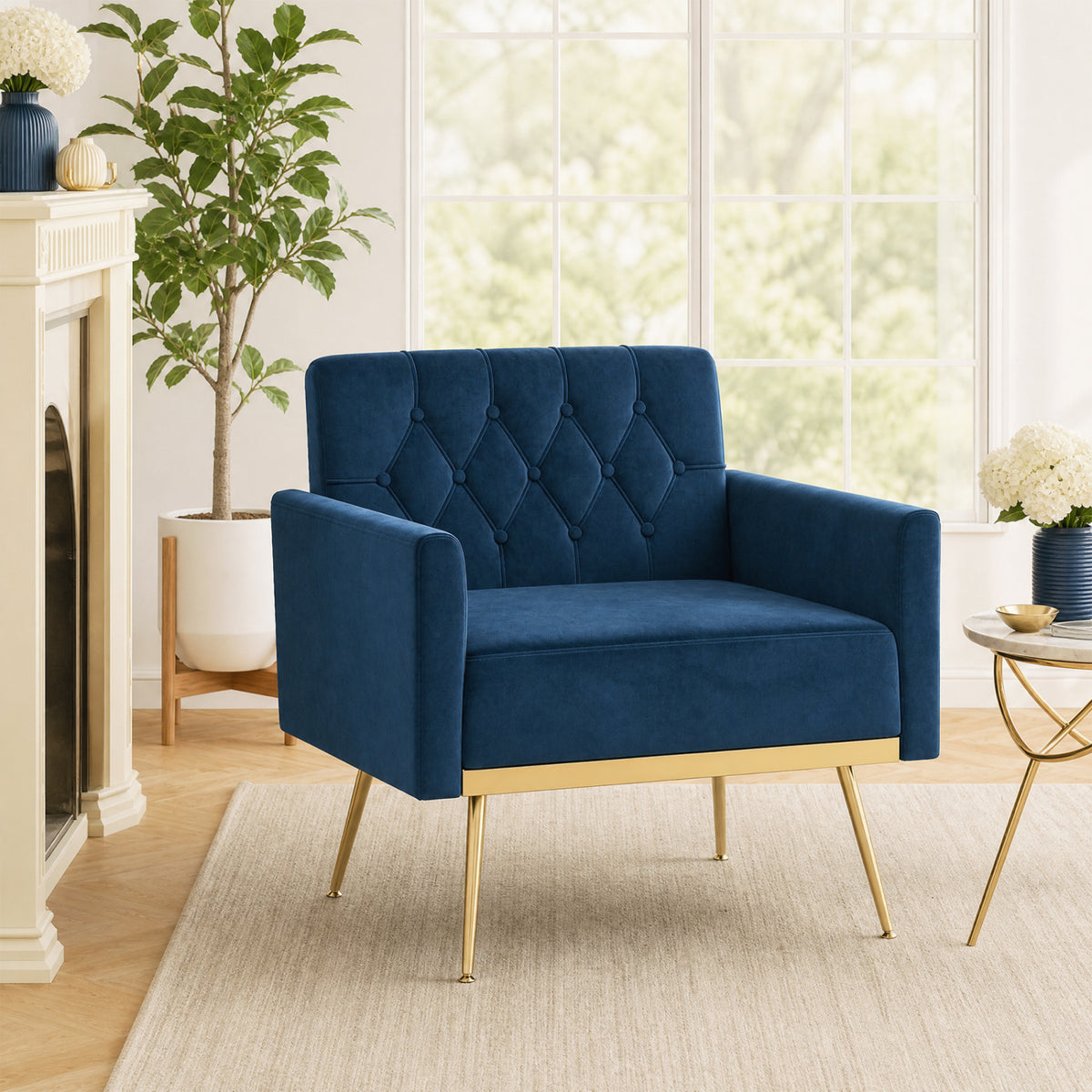 Modern Velvet Upholstered Accent Chair with Button-Tufted Back and Adjustable Feet-Blue view 3