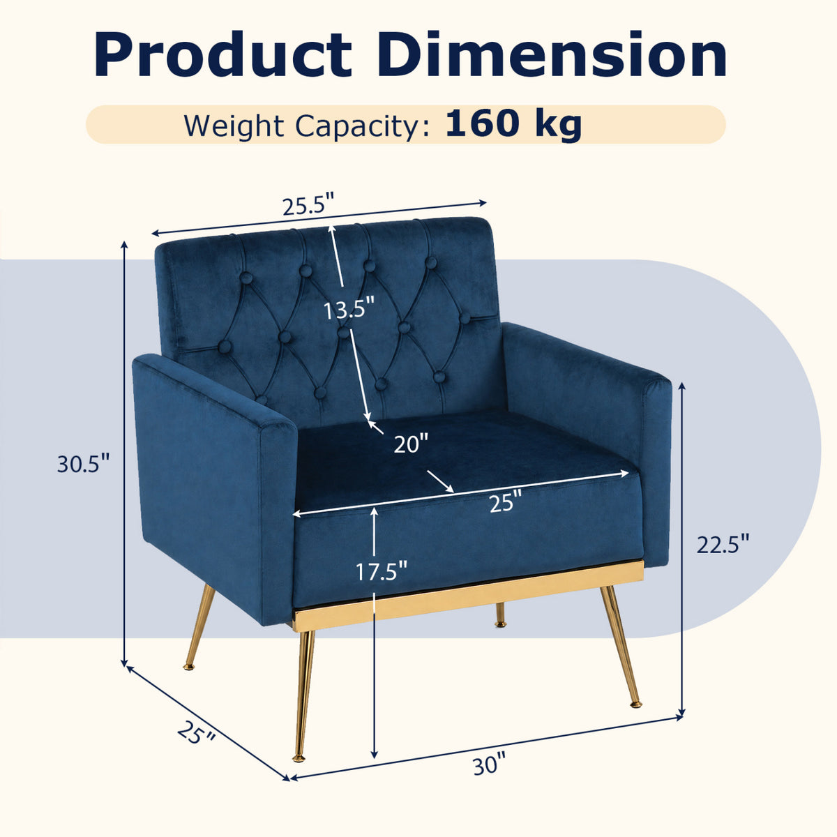 Modern Velvet Upholstered Accent Chair with Button-Tufted Back and Adjustable Feet-Blue view 4