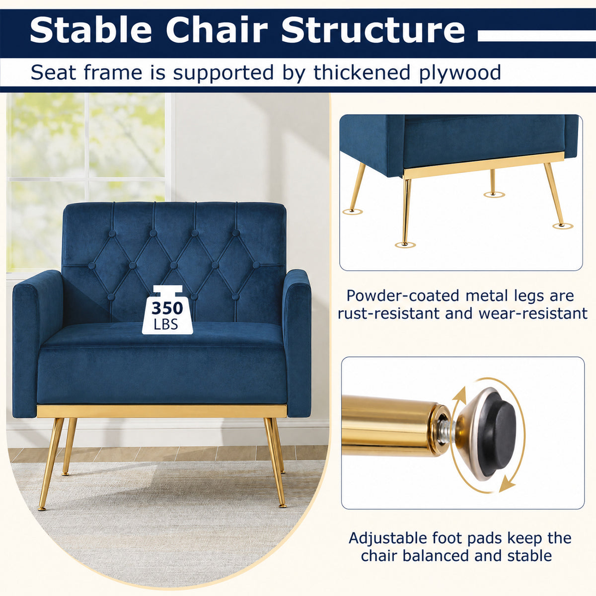 Modern Velvet Upholstered Accent Chair with Button-Tufted Back and Adjustable Feet-Blue view 5