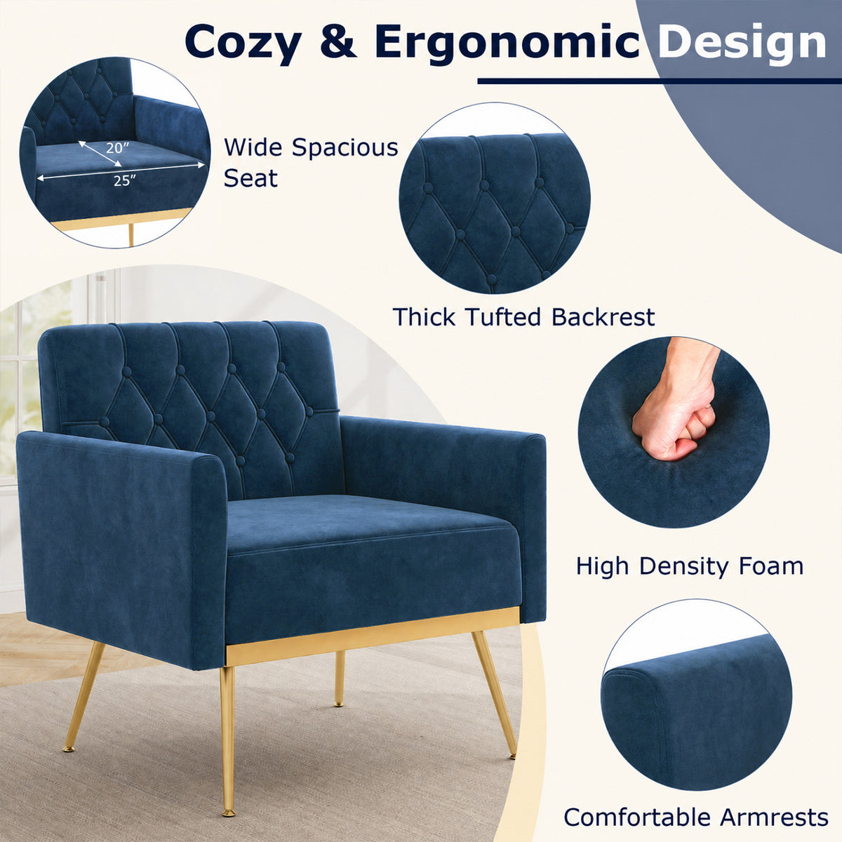 Modern Velvet Upholstered Accent Chair with Button-Tufted Back and Adjustable Feet-Blue view 8