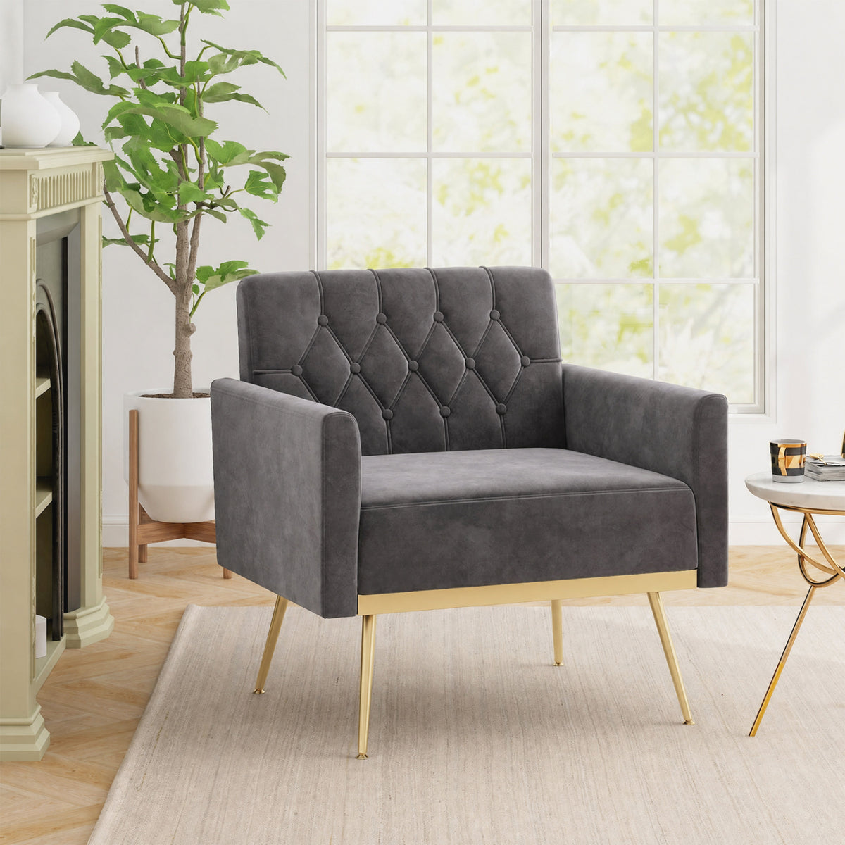 Modern Velvet Upholstered Accent Chair with Button-Tufted Back and Adjustable Feet-Gray view 2