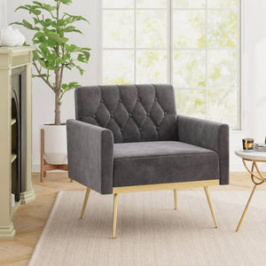 Modern Velvet Upholstered Accent Chair with Button-Tufted Back and Adjustable Feet-Gray view 2