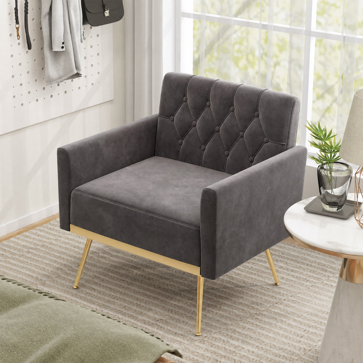 Modern Velvet Upholstered Accent Chair with Button-Tufted Back and Adjustable Feet-Gray view 3