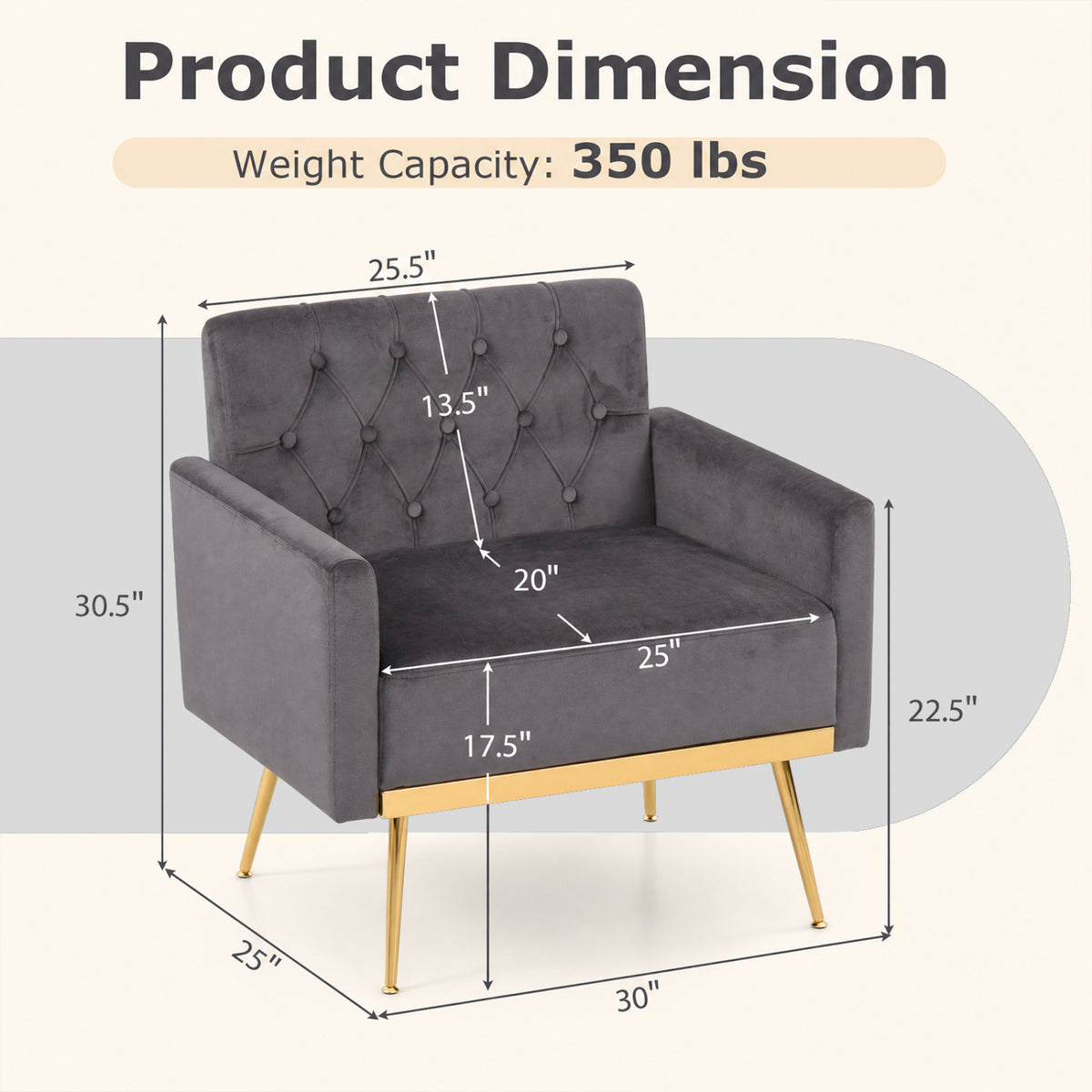 Modern Velvet Upholstered Accent Chair with Button-Tufted Back and Adjustable Feet-Gray view 4