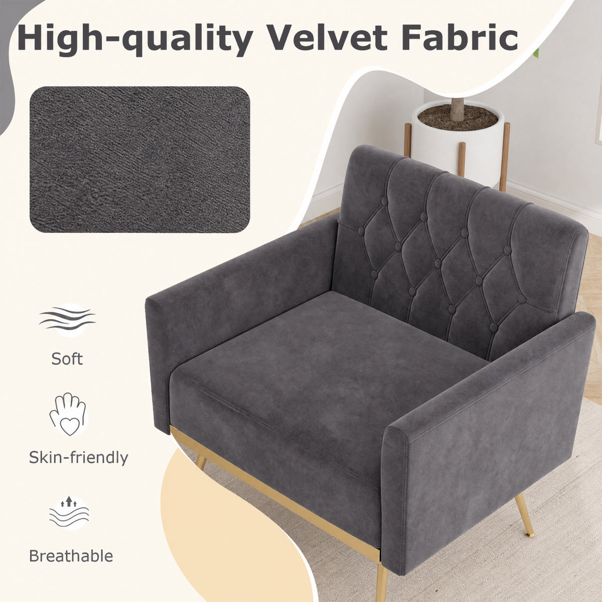 Modern Velvet Upholstered Accent Chair with Button-Tufted Back and Adjustable Feet-Gray view 6