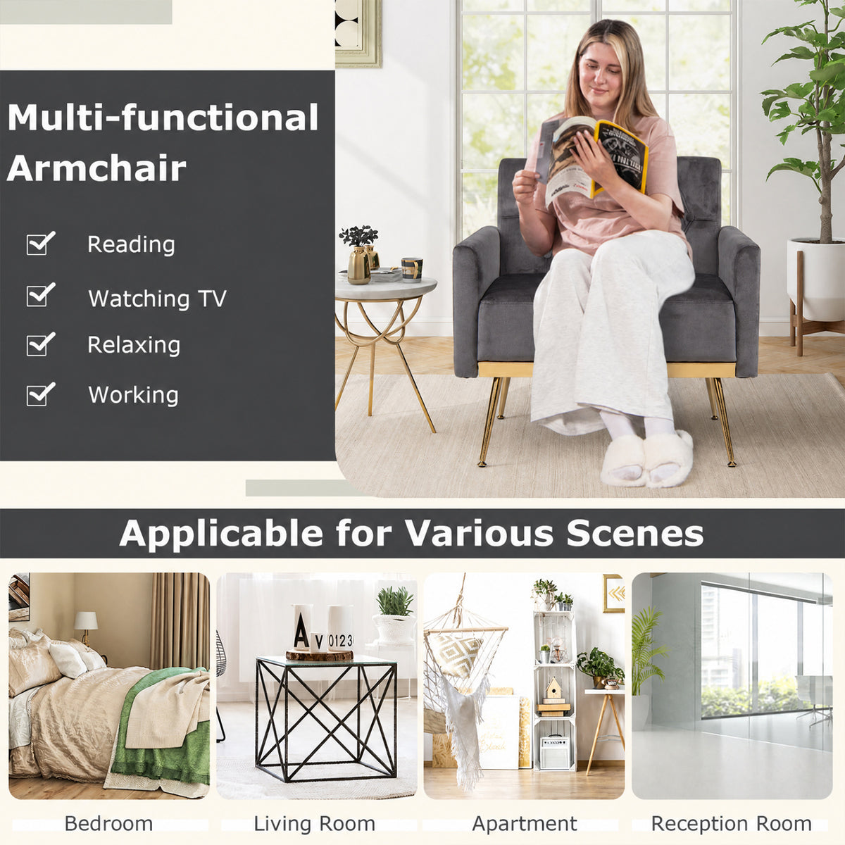 Modern Velvet Upholstered Accent Chair with Button-Tufted Back and Adjustable Feet-Gray view 7