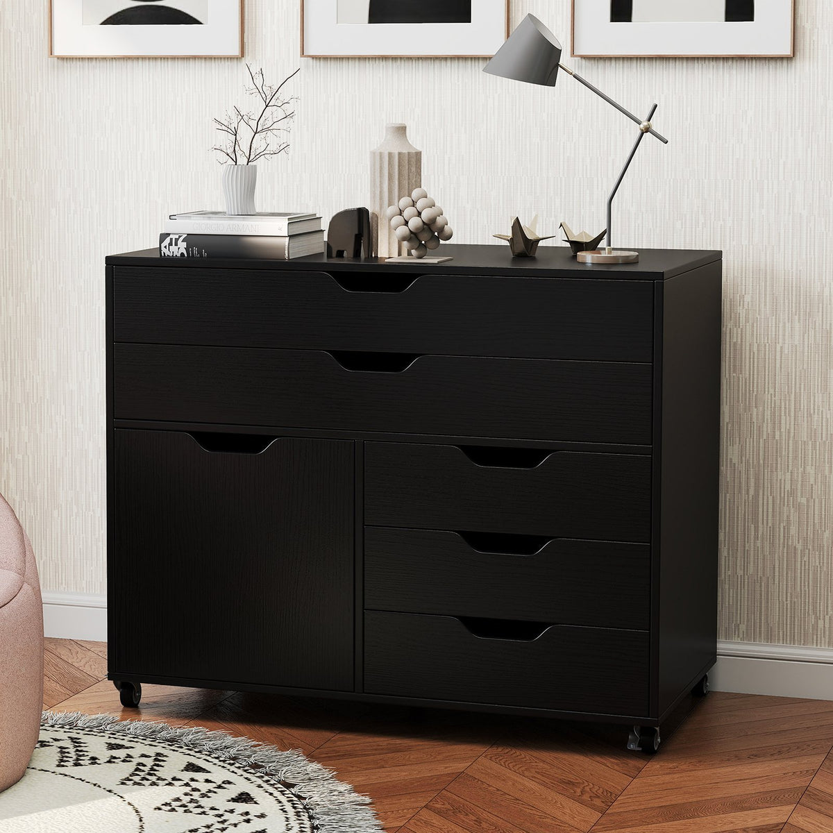 Modern Vertical 5-Drawer Mobile Chest with Door 5 Casters-Black view 2