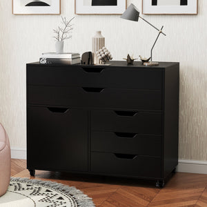 Modern Vertical 5-Drawer Mobile Chest with Door 5 Casters-Black view 2