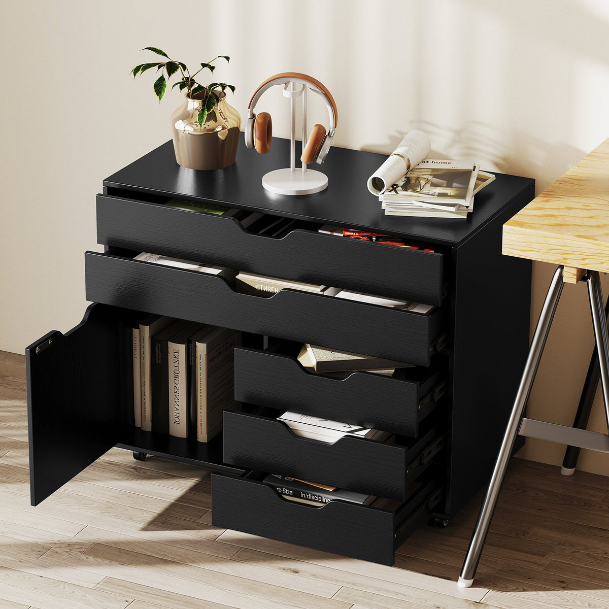 Modern Vertical 5-Drawer Mobile Chest with Door 5 Casters-Black view 3