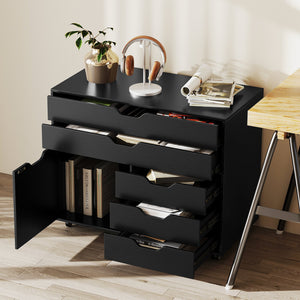 Modern Vertical 5-Drawer Mobile Chest with Door 5 Casters-Black view 3