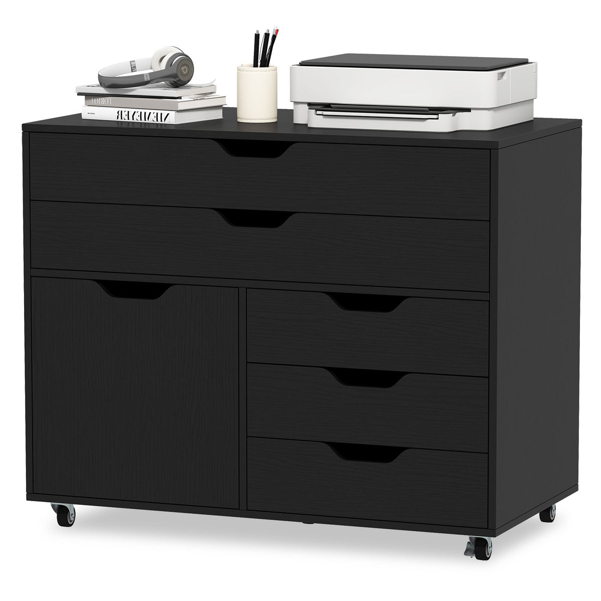 Modern Vertical 5-Drawer Mobile Chest with Door 5 Casters-Black view 4
