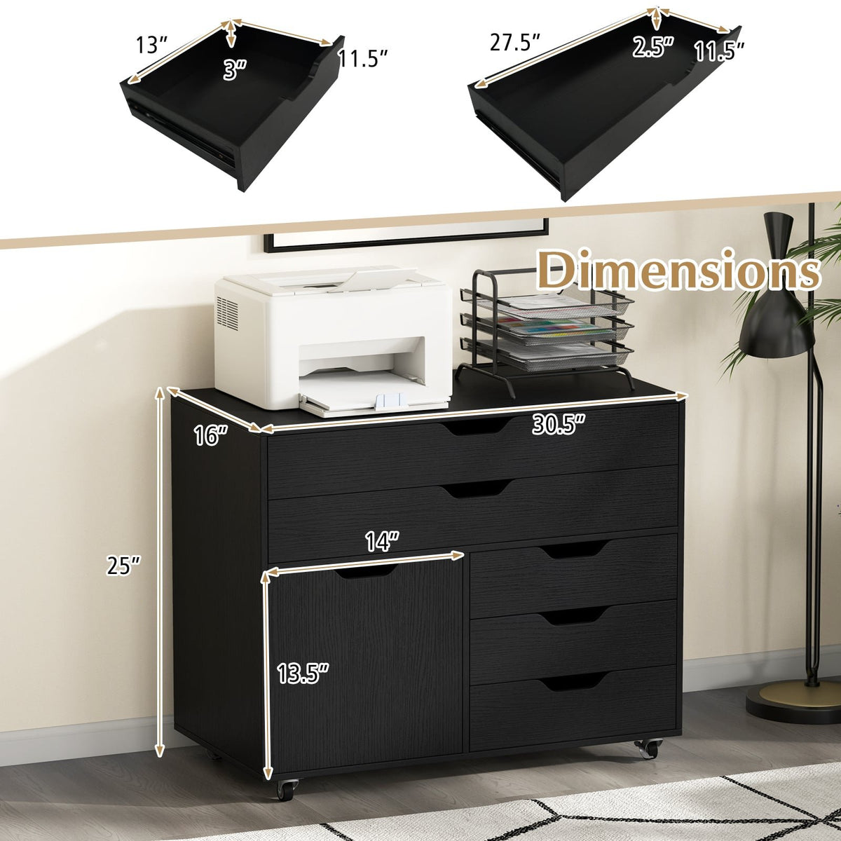 Modern Vertical 5-Drawer Mobile Chest with Door 5 Casters-Black view 5