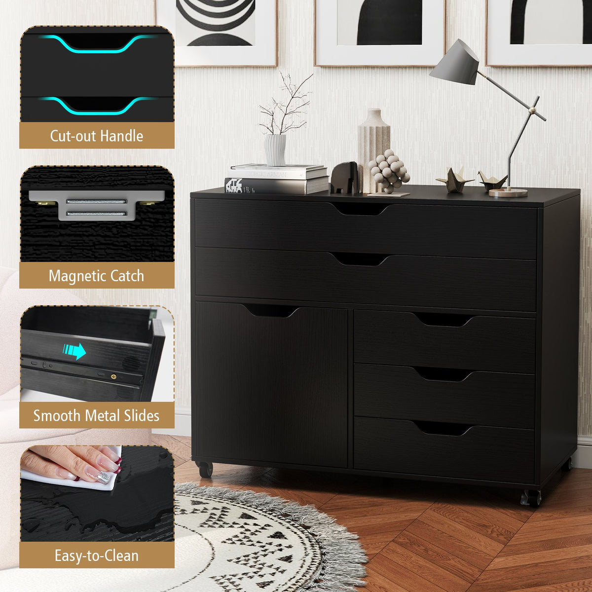 Modern Vertical 5-Drawer Mobile Chest with Door 5 Casters-Black view 7