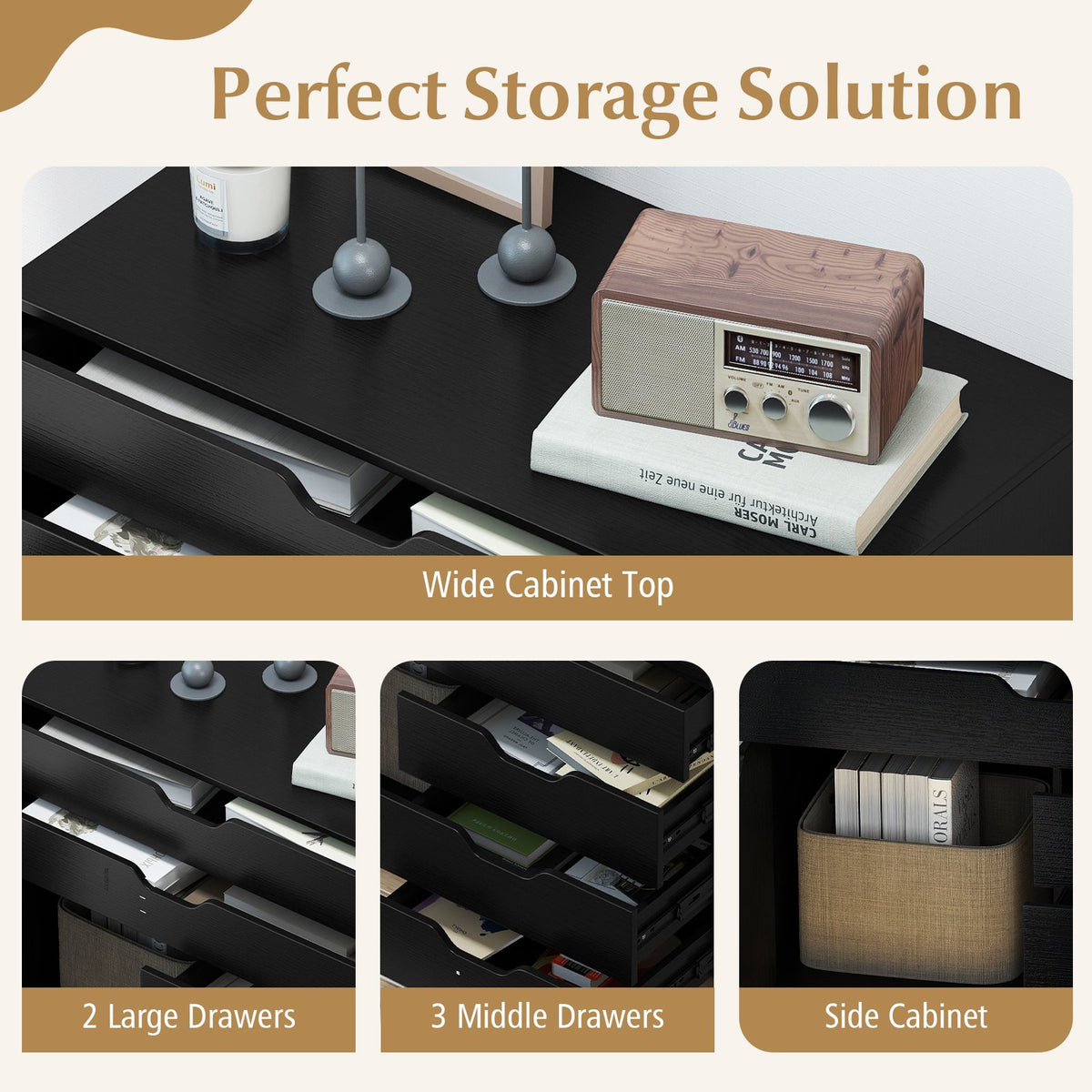 Modern Vertical 5-Drawer Mobile Chest with Door 5 Casters-Black view 8