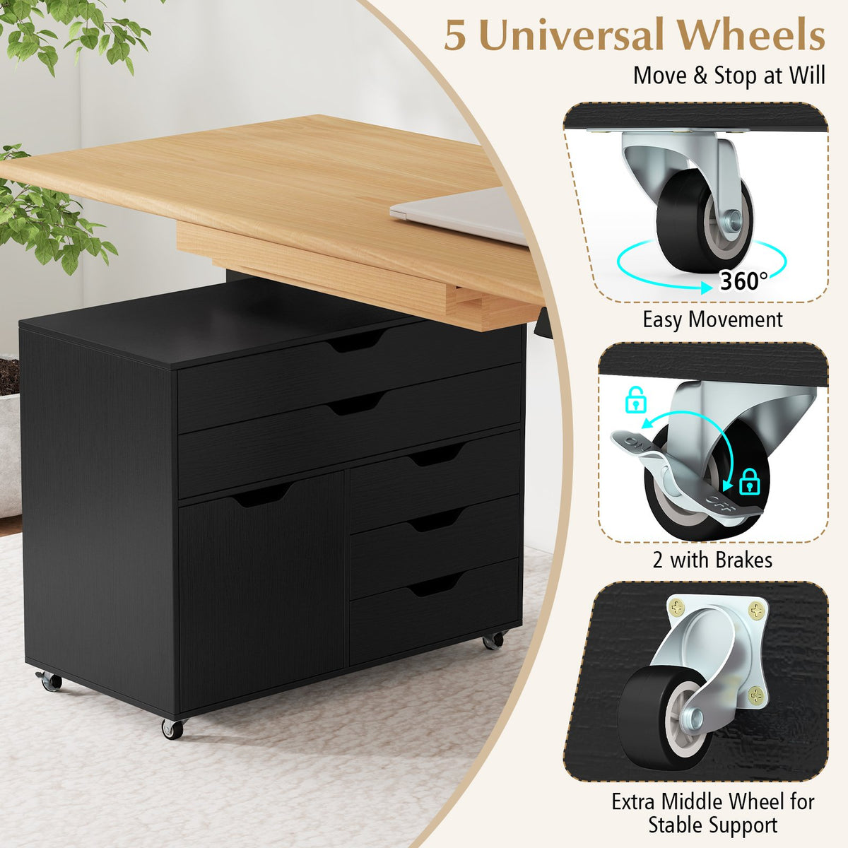 Modern Vertical 5-Drawer Mobile Chest with Door 5 Casters-Black view 9
