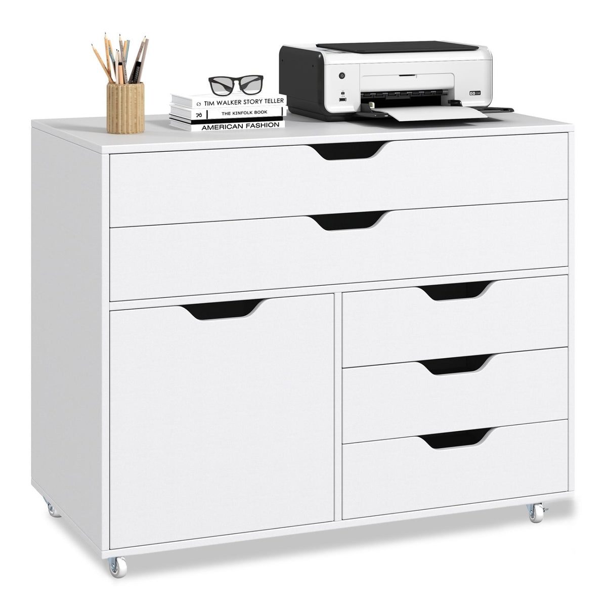 Modern Vertical 5-Drawer Mobile Chest with Door 5 Casters-White