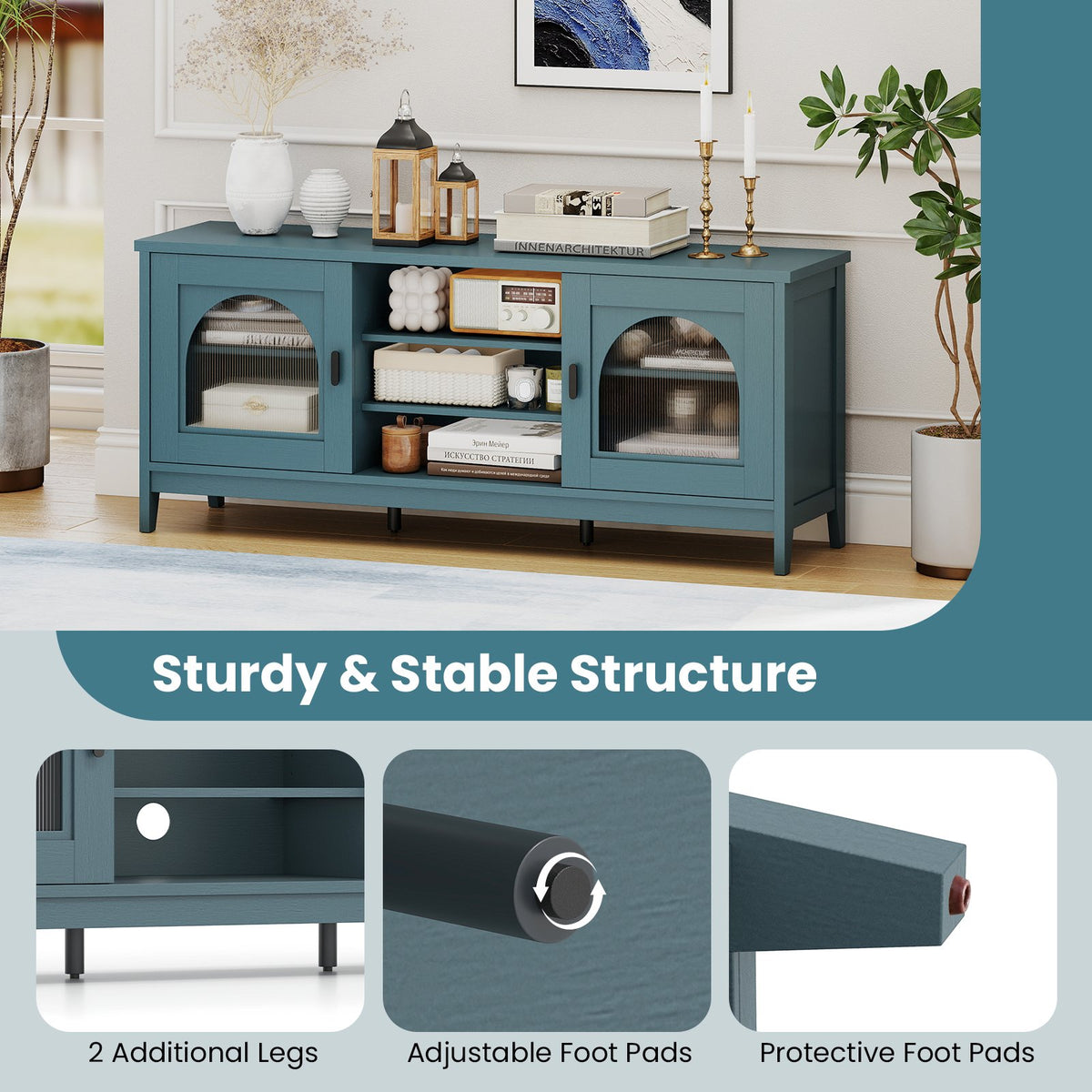 Modern Vintage TV Cabinet with Adjustable Shelves and 2 Cable Holes for TVs up to 65 Inches-Turquoise view 7