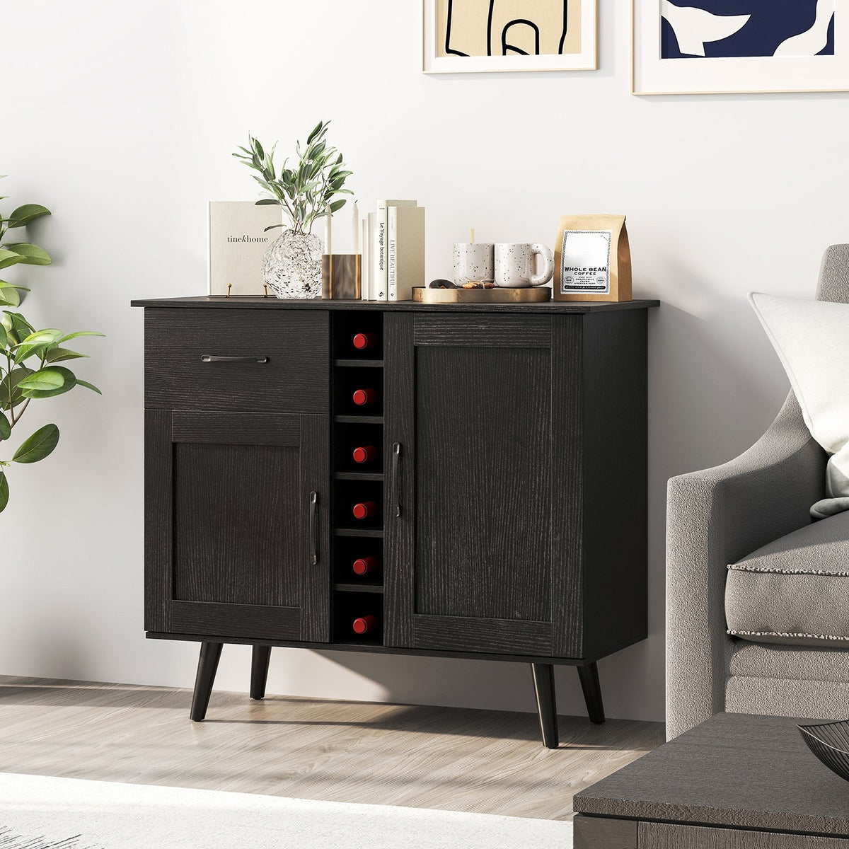 Modern Wine Bar Buffet Cabinet with 6-Bottle Wine Rack-Black view 3
