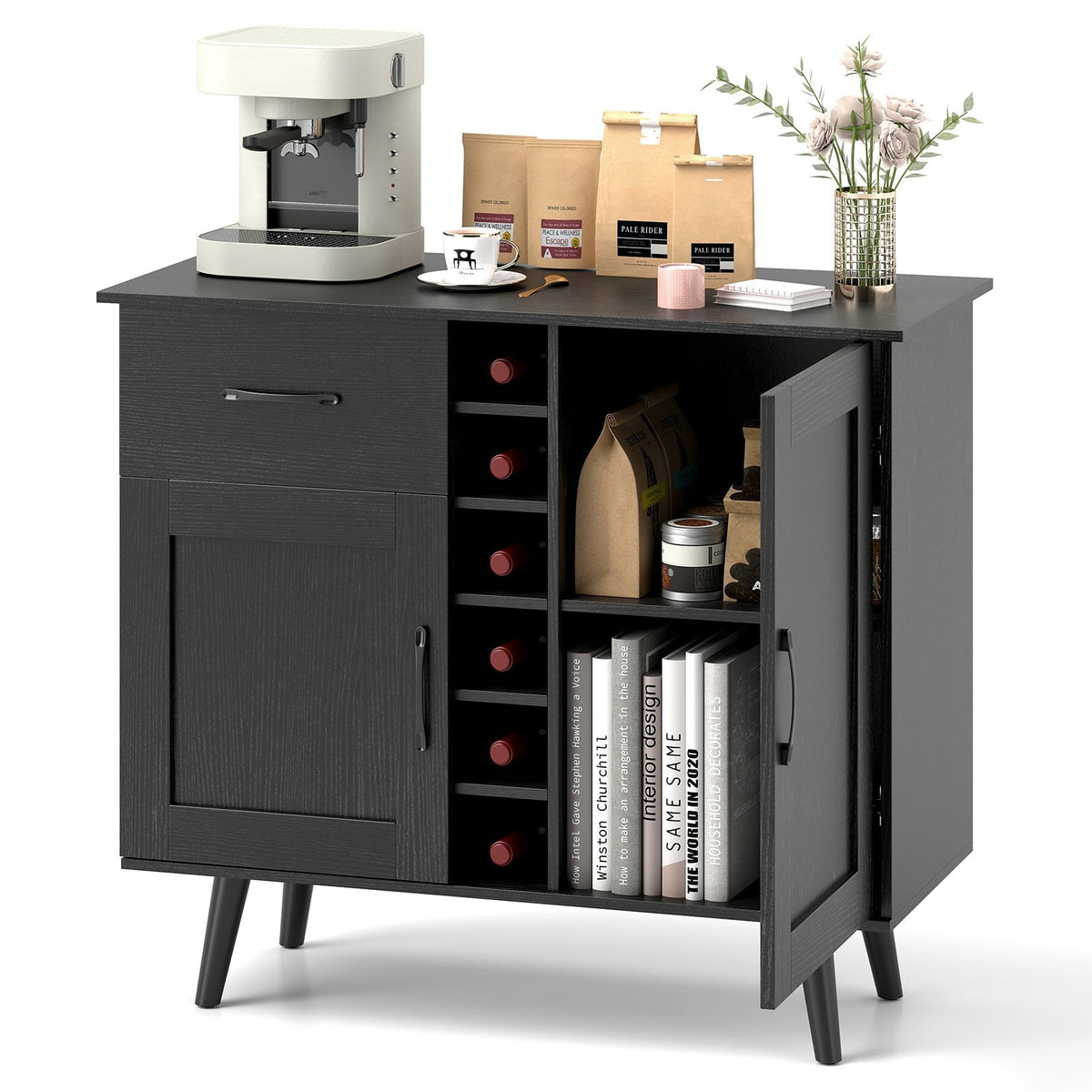 Modern Wine Bar Buffet Cabinet with 6-Bottle Wine Rack-Black view 4