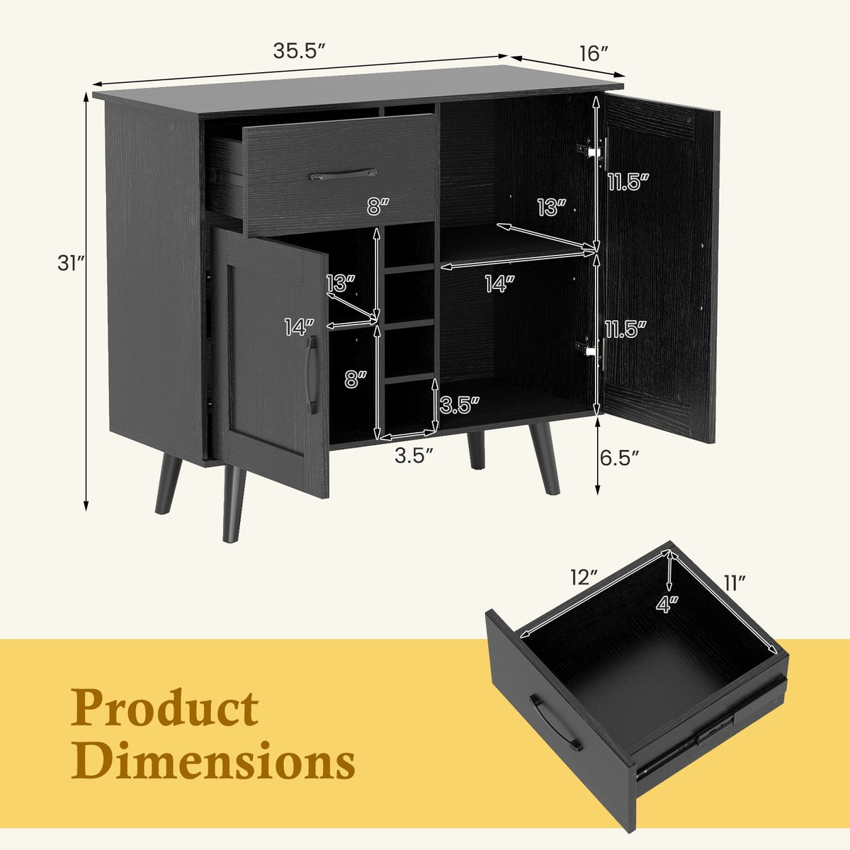 Modern Wine Bar Buffet Cabinet with 6-Bottle Wine Rack-Black view 5