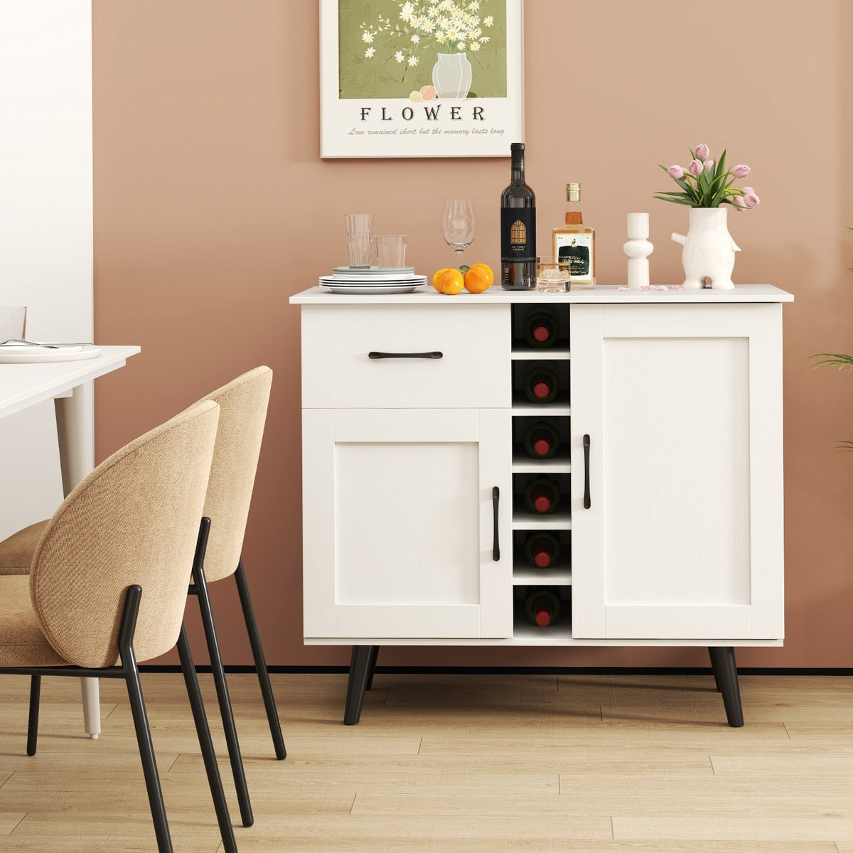 Modern Wine Bar Buffet Cabinet with 6-Bottle Wine Rack-White view 2