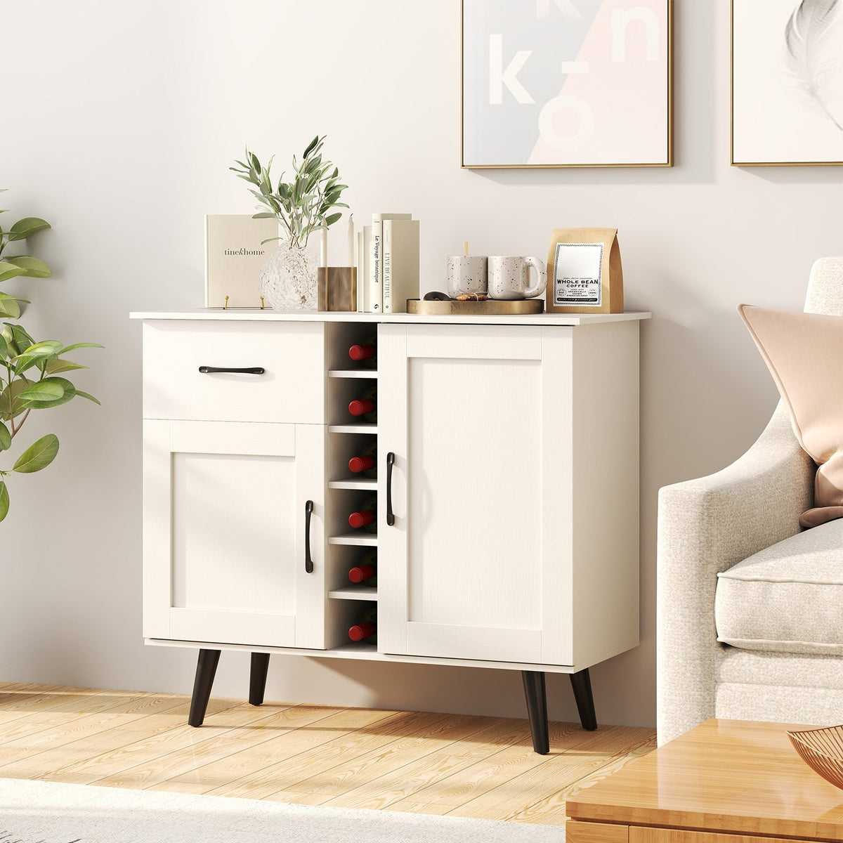 Modern Wine Bar Buffet Cabinet with 6-Bottle Wine Rack-White view 3