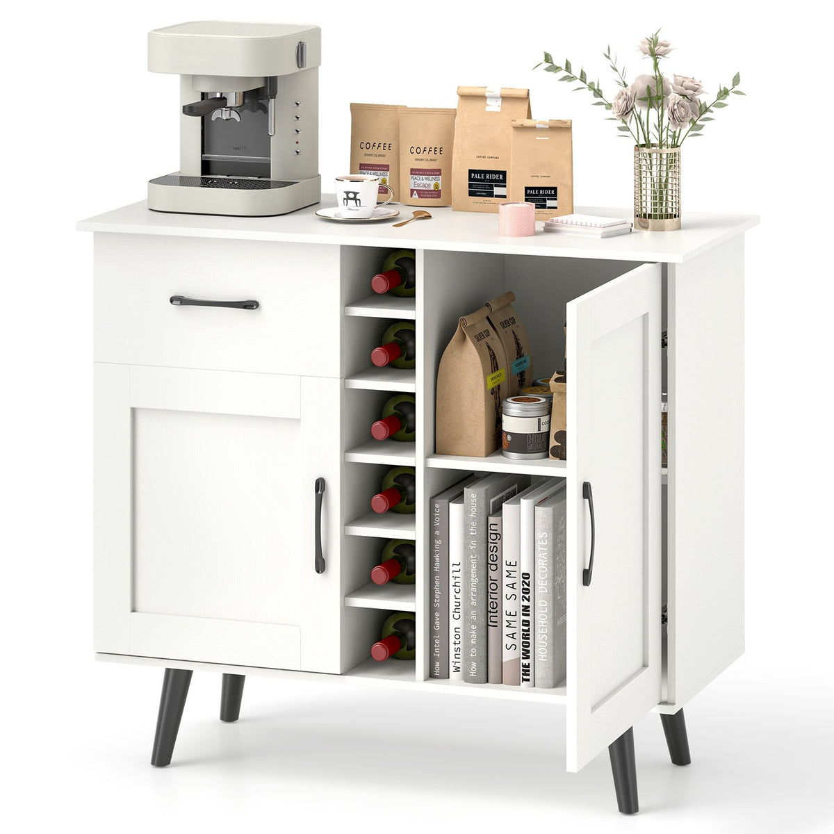 Modern Wine Bar Buffet Cabinet with 6-Bottle Wine Rack-White view 4