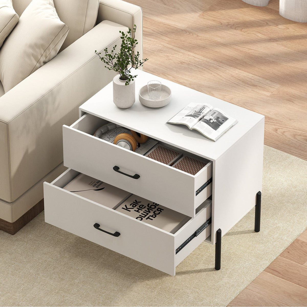 Modern Wooden 2-Drawer Nightstand with Metal Legs and Handles-White view 3