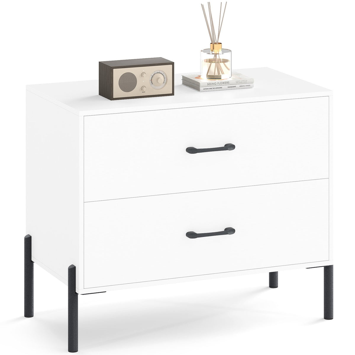 Modern Wooden 2-Drawer Nightstand with Metal Legs and Handles-White view 4