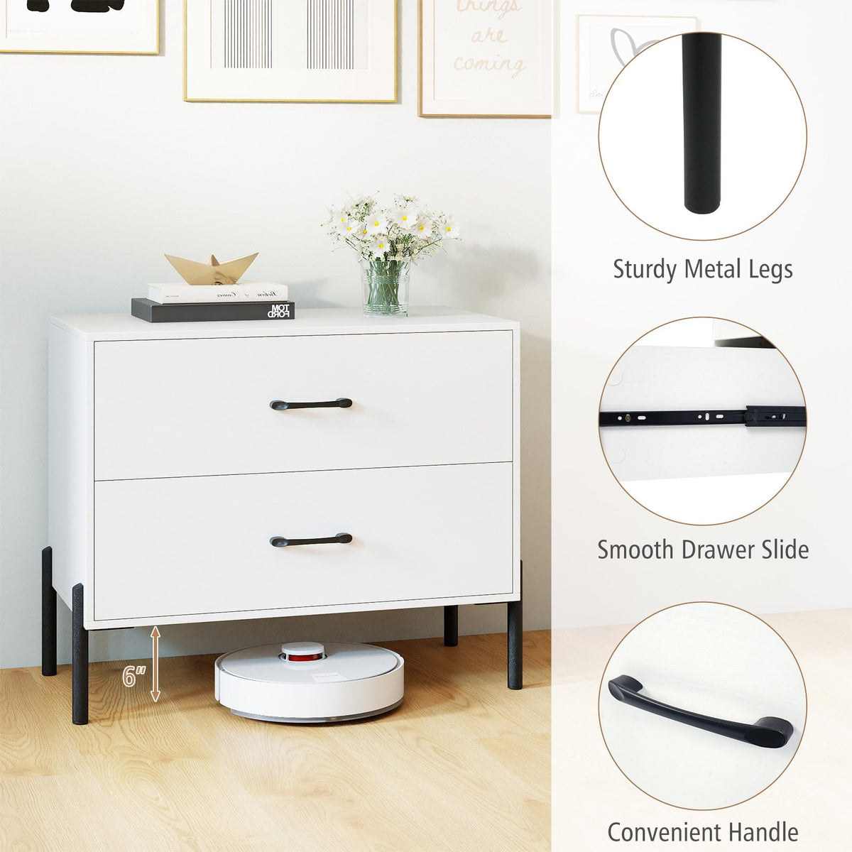 Modern Wooden 2-Drawer Nightstand with Metal Legs and Handles-White view 9