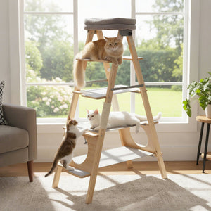 Modern Wooden Cat Tree Foldable Cat Climbing Furniture-Gray view 2