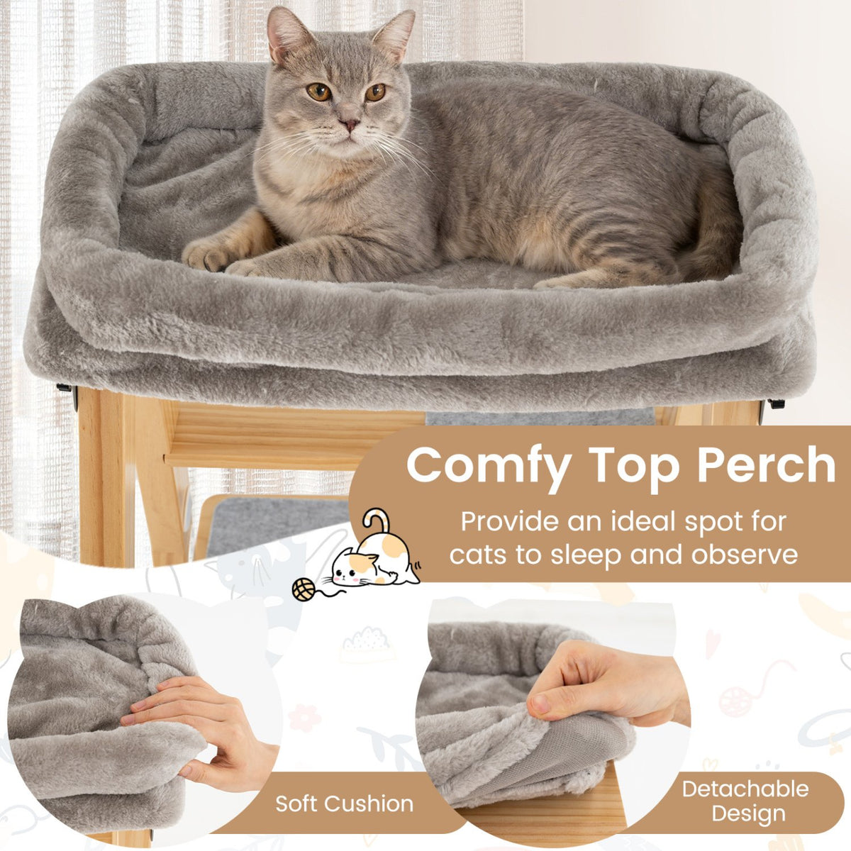 Modern Wooden Cat Tree Foldable Cat Climbing Furniture-Gray view 7