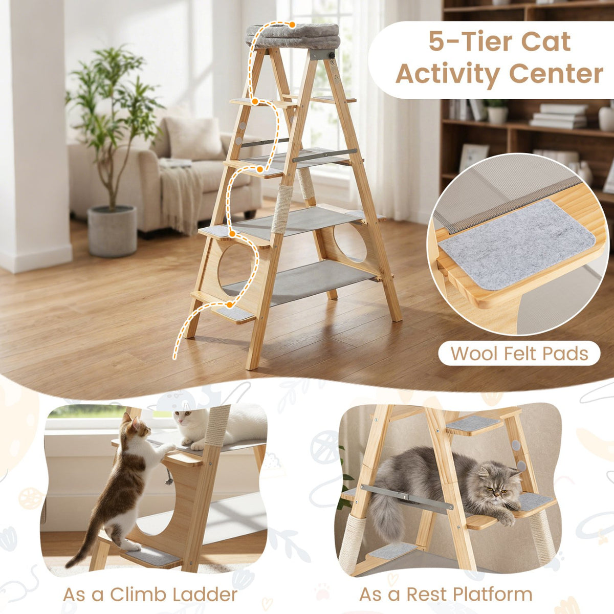 Modern Wooden Cat Tree Foldable Cat Climbing Furniture-Gray view 9